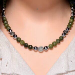 Connemara Marble and Terahertz  Celtic Harmony Beaded Necklace in Silvertone